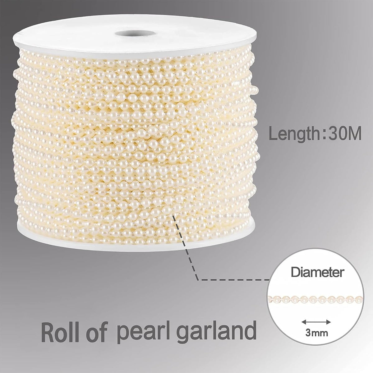 Craft String Pearls 3MM Pearl Bead, 99 Feet Ivory Faux Pearl Garland Spool Roll Strand Wedding