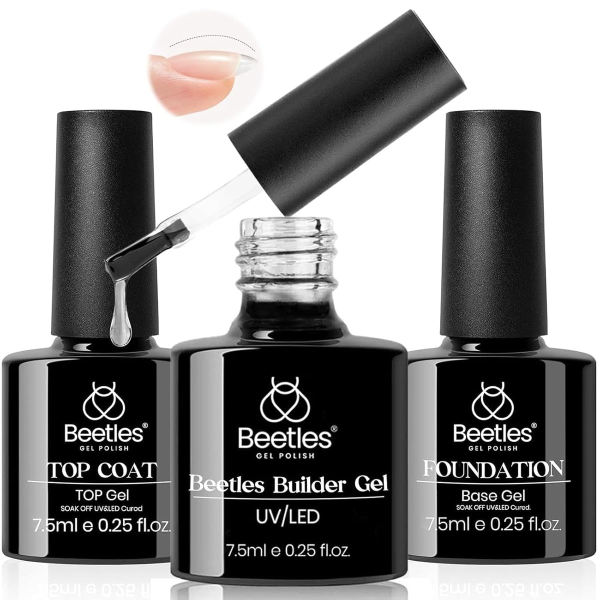Beetles Builder Gel & Gel Base and Top Coat, 3Pcs 7.5ml Building Gel for Nails Set Shine Finish and