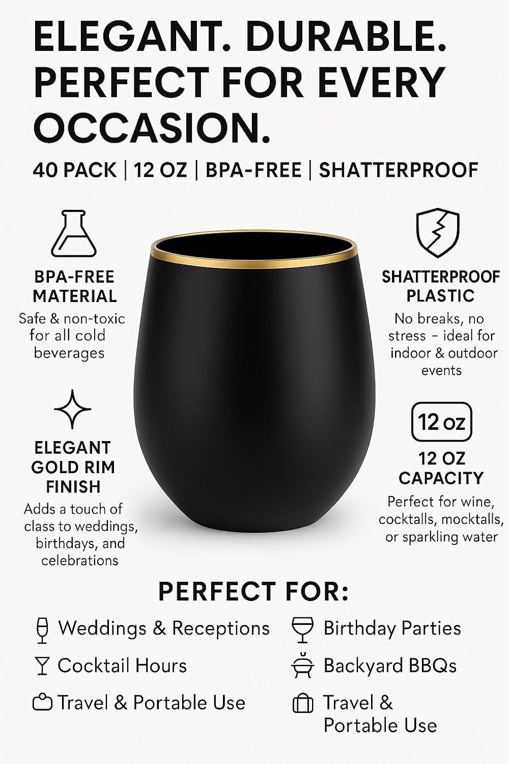 40 count Unbreakable Stemless Plastic Wine Champagne Whiskey Glasses Elegant Durable Disposable