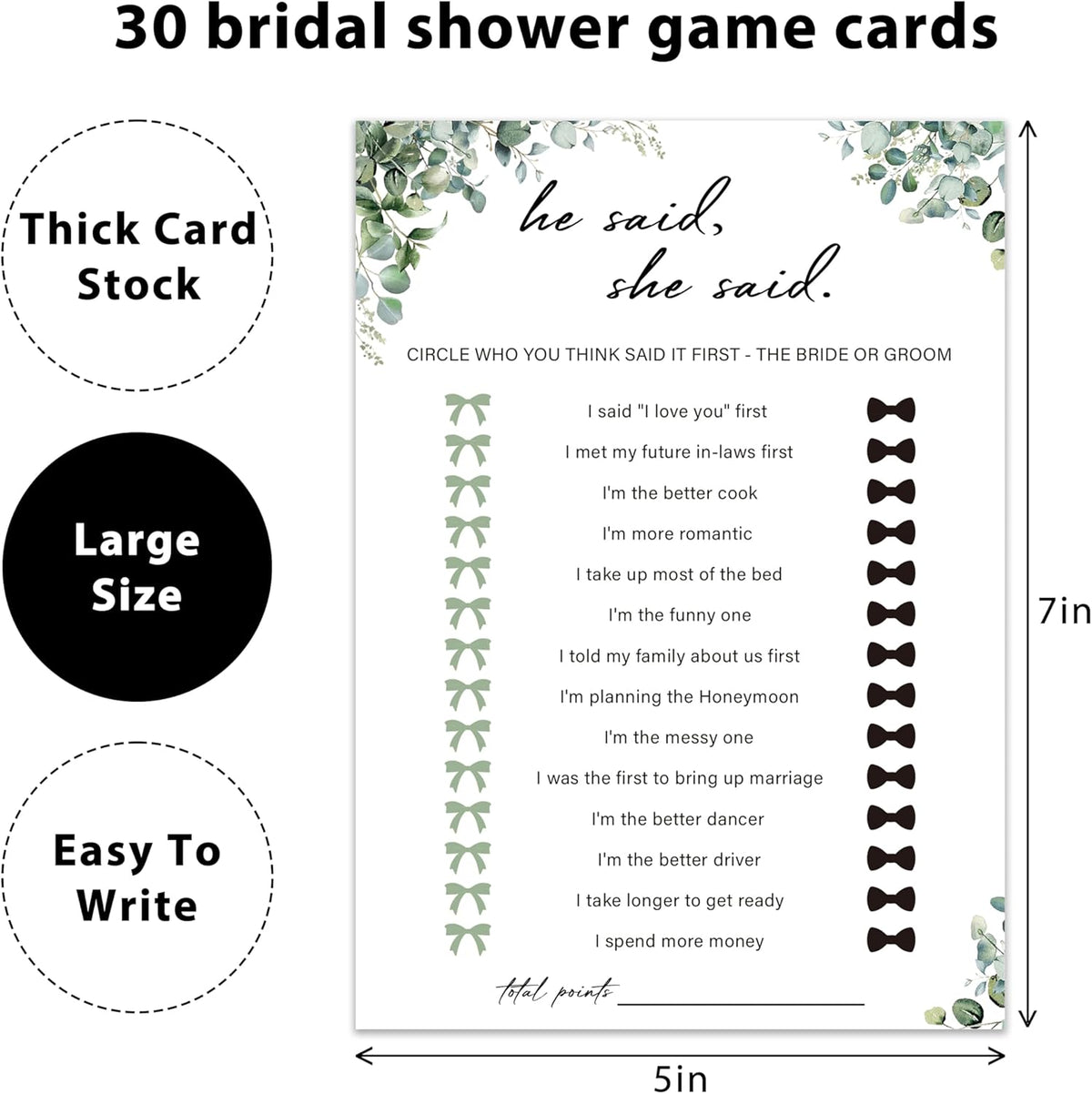 Eucalyptus Bridal Shower Game Cards - He Said She Said, Wedding Engagement Bachelorette Party