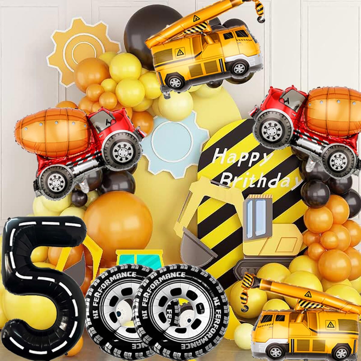 Construction Balloons 5rd Birthday Decorations for Boys 40inch Number 5 Balloons Truck Foil Balloon