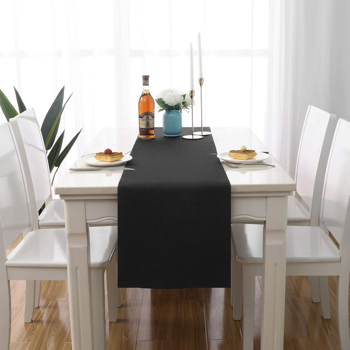 DUALIFE Jet Black Table Runner 14x72 inch Solid Color Thick Polyester Decorative Cloth Handcrafted