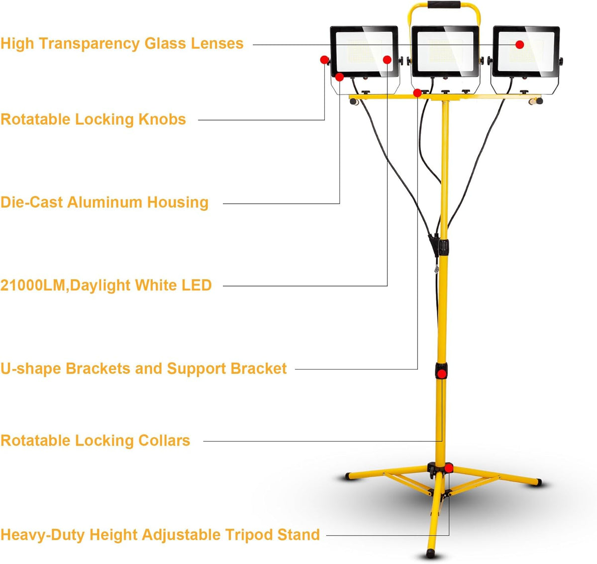 30000 Lumen Work Lights with Stand, 300W Three Head LED Work Light, Waterproof Lamp with Individual