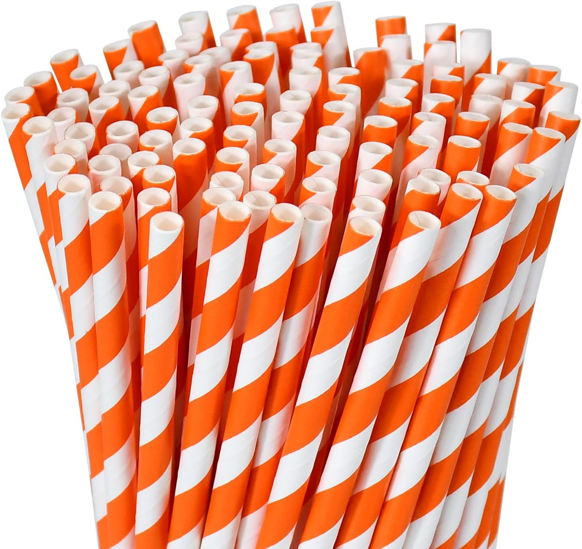 Compostable 7.75 inch Orange White Striped Paper Drinking Straws, 100 Counts - for Cocktail, Juice