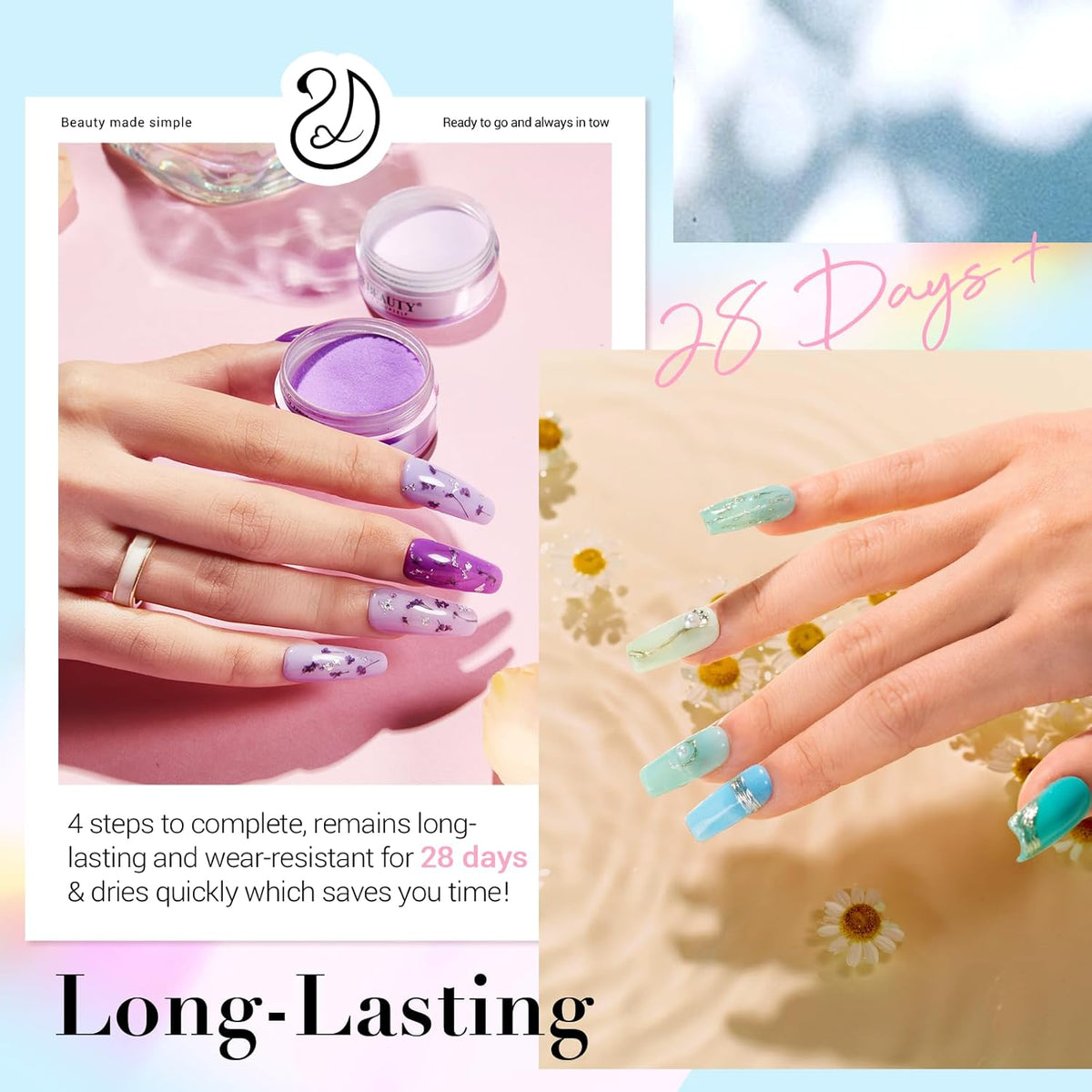 AZUREBEAUTY Dip Nail Powder Starter Kit with Matte Coat, 8 Colors Hot Pink Blue Purple Glitter