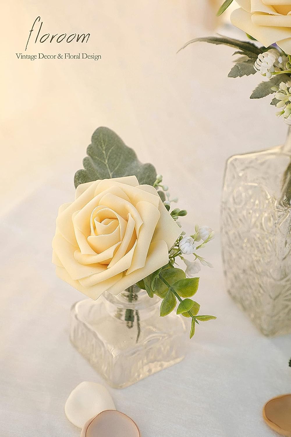 Floroom Artificial Flowers 50pcs Real Looking Creamy Yellow Foam Fake Roses with Stems for DIY