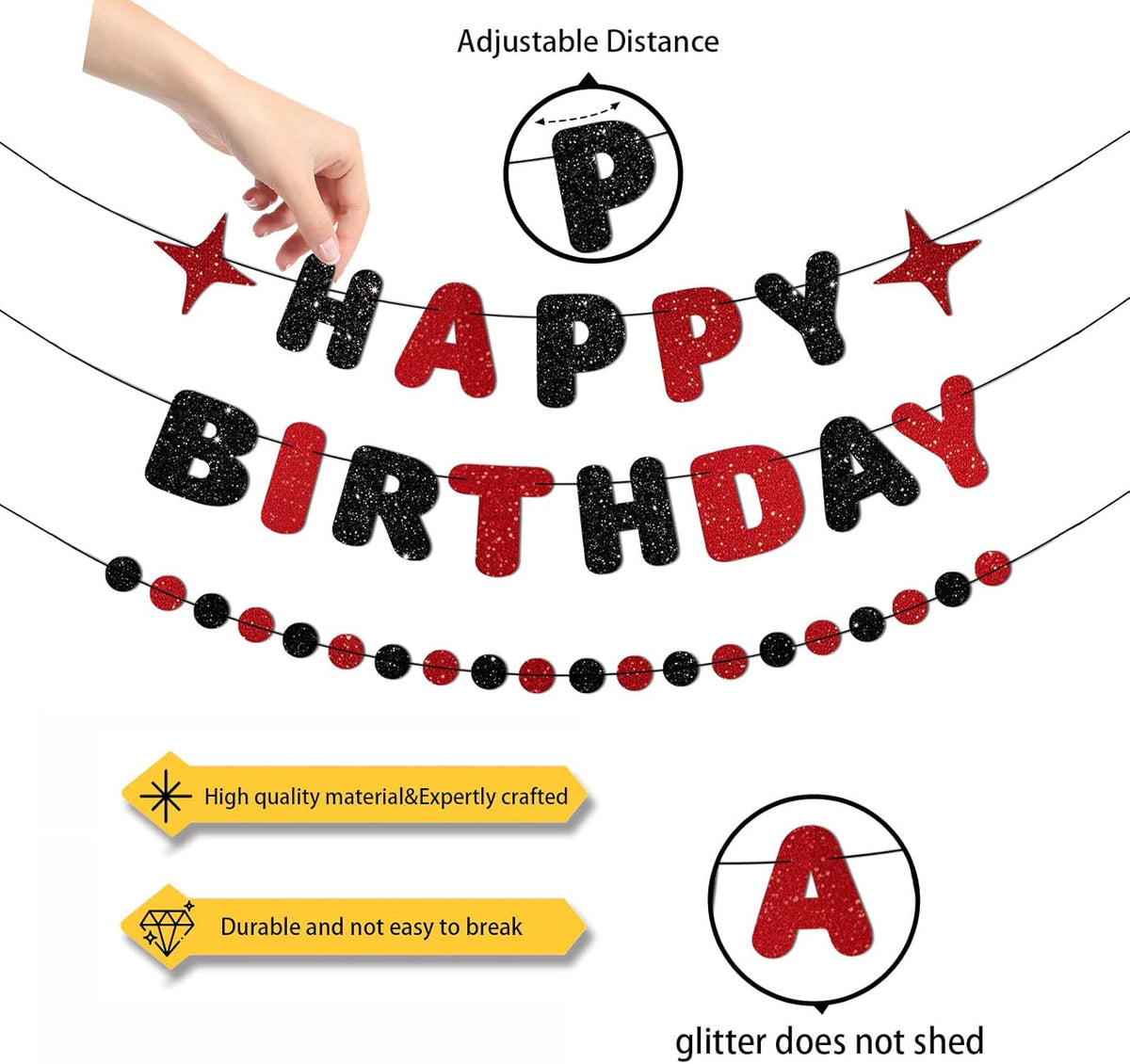 Red and Black Happy Birthday Banner Glitter Garland for Black and Red Decorations Happy Birthday