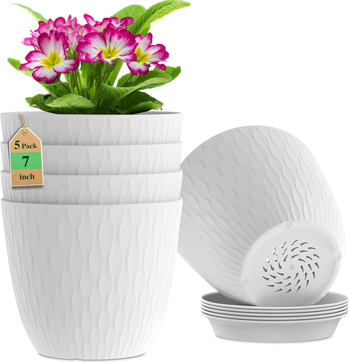 7 inch Plant Pots, 5 Pack Flower Pots with Drainage Holes and Saucers for Indoor Plants, Plastic