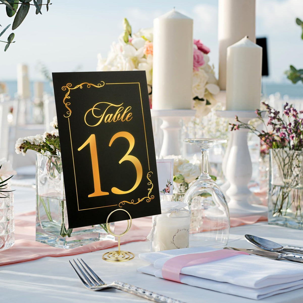 Wedding Table Numbers 1-40 and Head Table Card, Black Gold Cards with 41 Gold TableNumber Holders