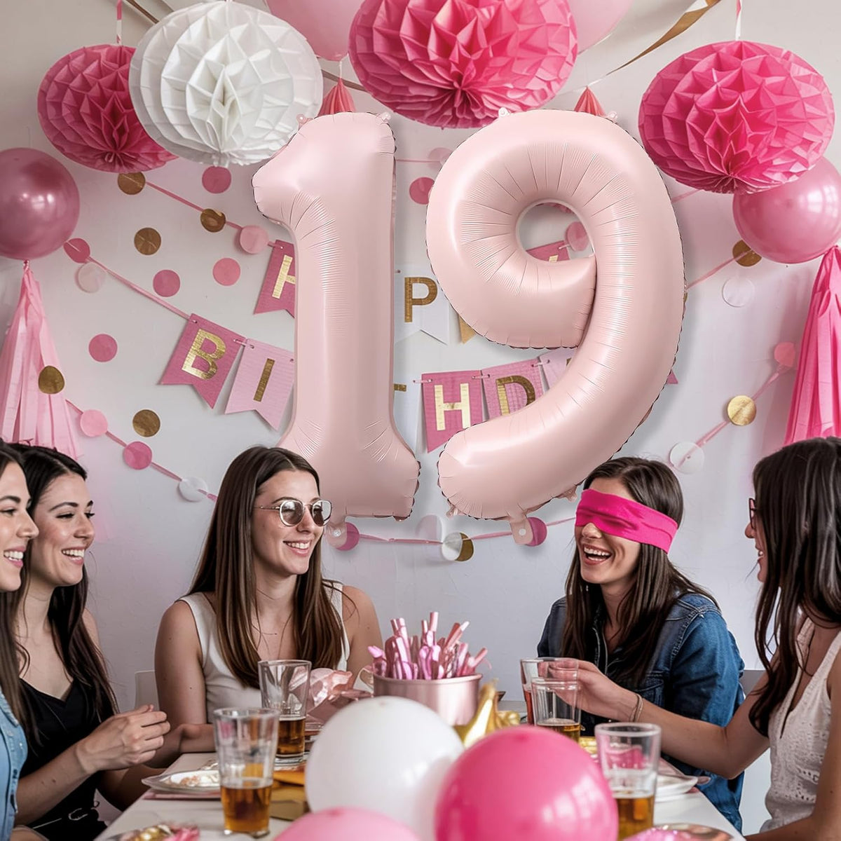 Pastel Pink 19 Balloon Number for Girls, 40'' Self Inflating Number 19 Balloons, Big Light Blush