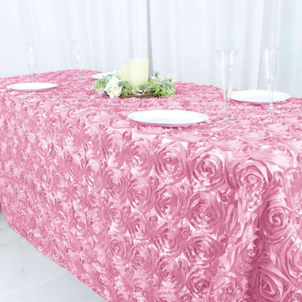 Efavormart 90"x132" Wholesale Rectangle Table Cover Pink Grandiose Rosette 3D Satin Tablecloth for