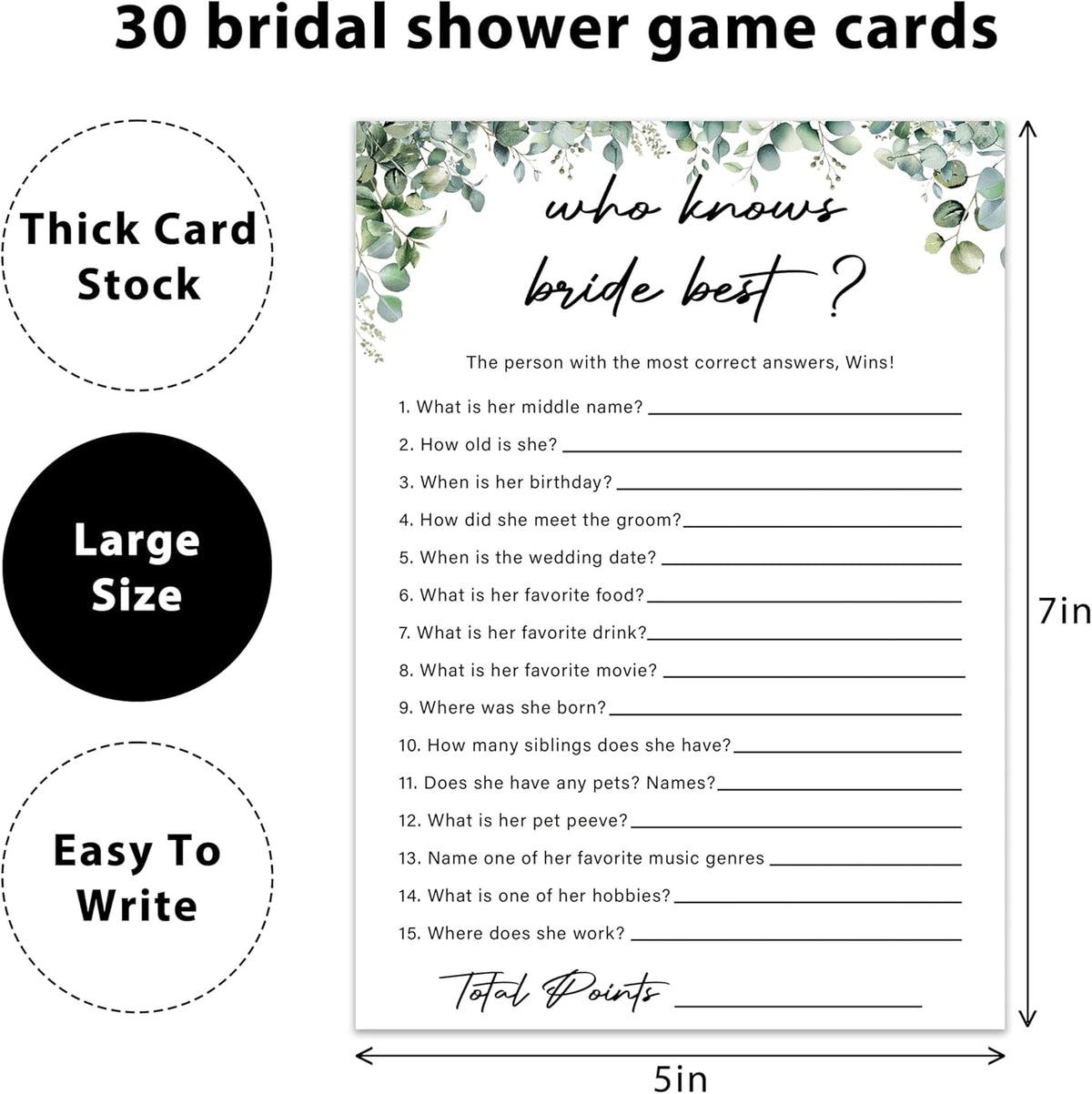 Eucalyptus Bridal Shower Game Cards - Who Knows Bride Best, Wedding Engagement Bachelorette Party