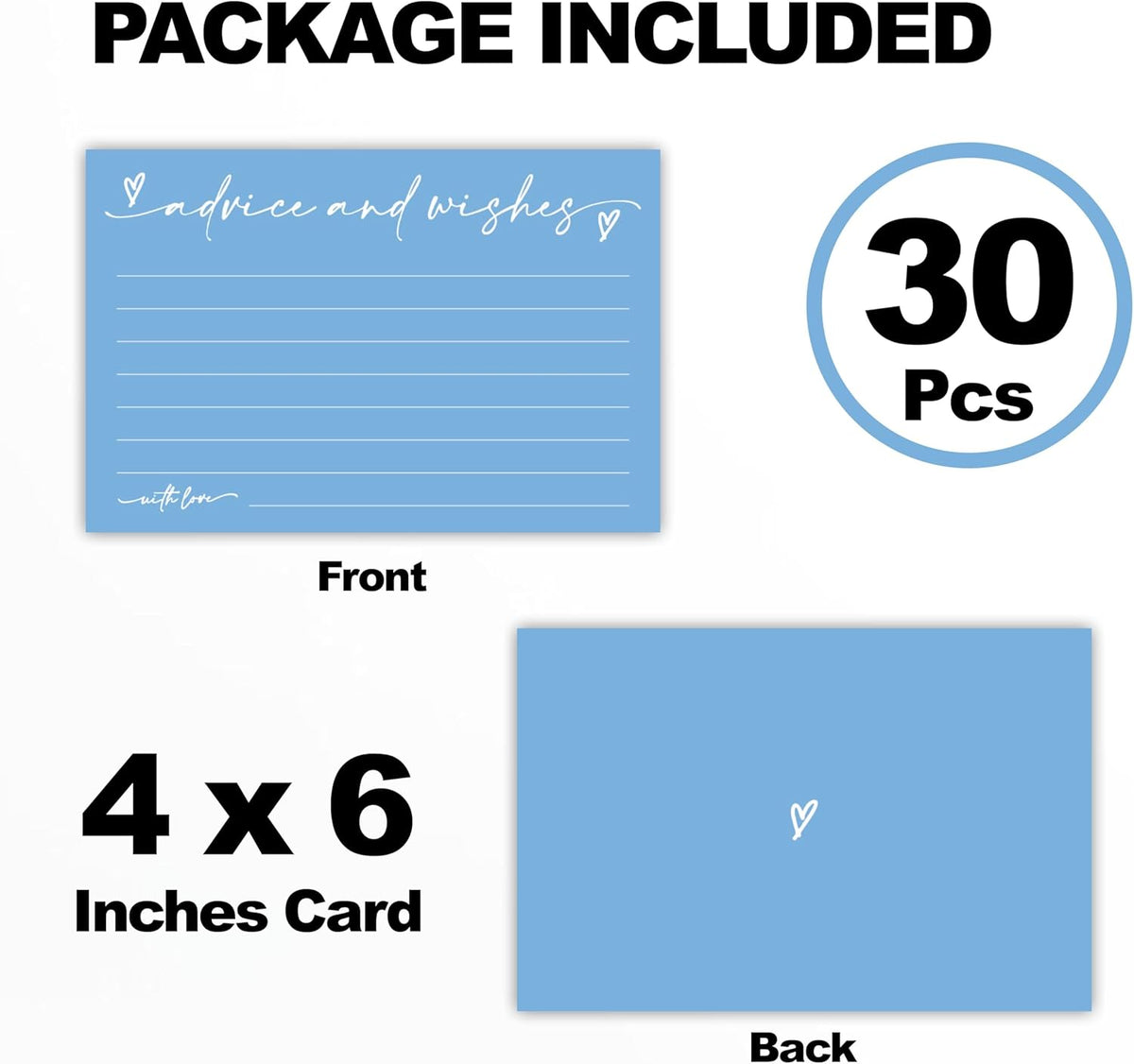 30 Advice & Wishes Cards - Sky Blue - Double Sided Fill-In Advice Cards For Bridal, Wedding