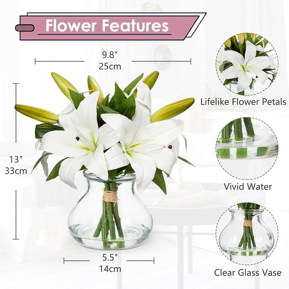 Artificial Flowers Tiger Lily Real Touch with Vase Easter Lily White Lilies Silk Faux Flowers