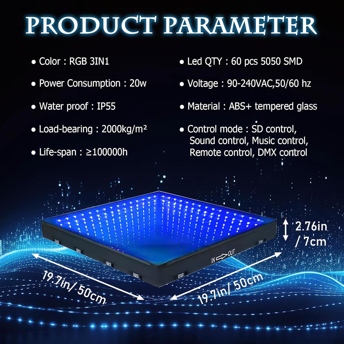 Dance Floor Stage Lights-Tempered Glass with Flight Case - RGB Color Changing Lights for Wedding