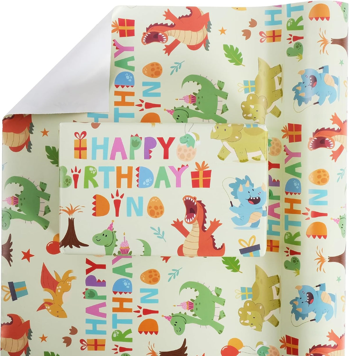 Aimyoo Dinosaur Birthday Wrapping Paper Roll - 17 Inch X 16.4 Feet - Green Happy Birthday Dino
