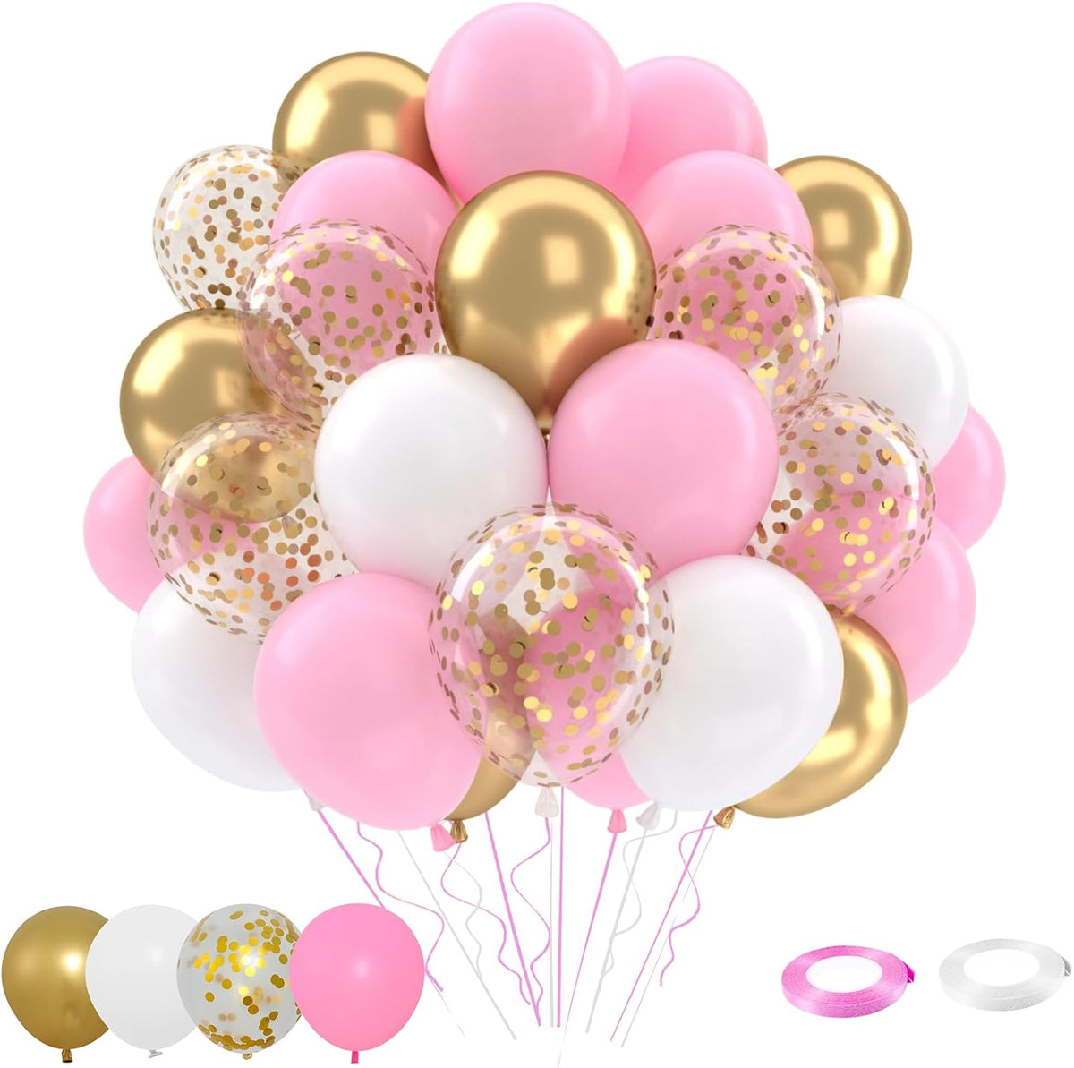 Patimate Pink Gold Confetti Balloons Set, 50 pcs 12 inch Metallic Gold Pastel Pink White Confetti