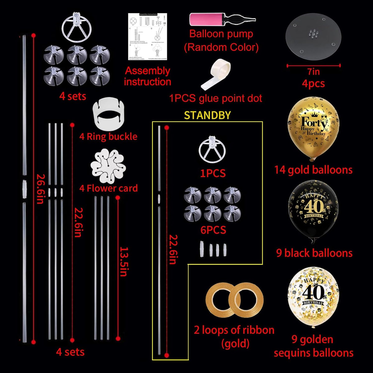 TONIFUL 4 Set Black Gold Balloon Stand Kit for Birthday Decorations for 40th,Balloon Centerpieces