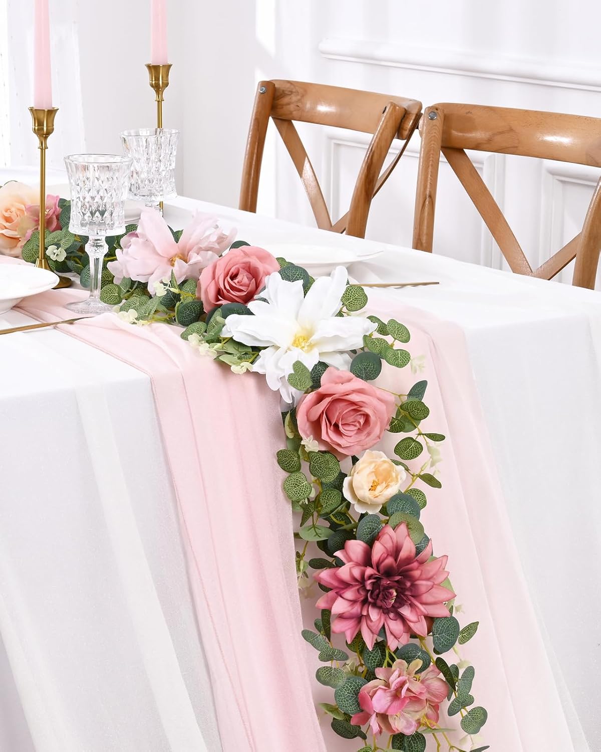 Waipfaru Flower Garland Decorations, 6.07Ft Pink Floral Rose Garland, Artificial Eucalyptus