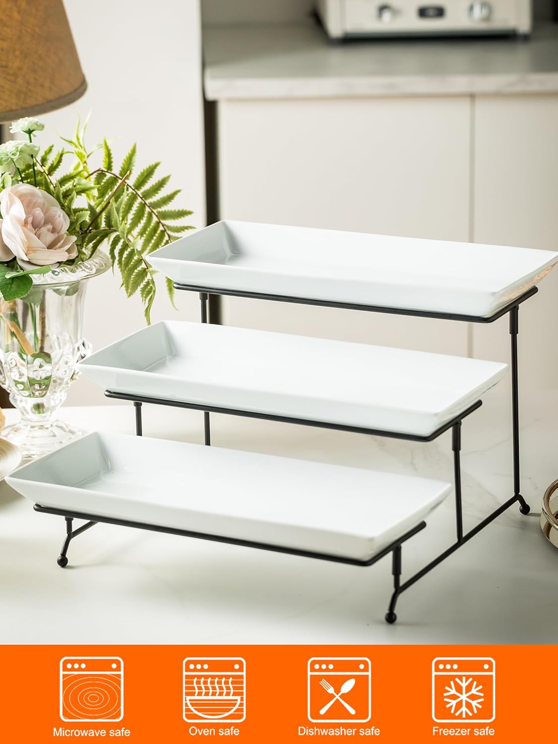 YHOSSEUN 3 Tier Serving Stand Tiered Tray Stand with 3 Porcelain Serving Platters Trays for Dessert