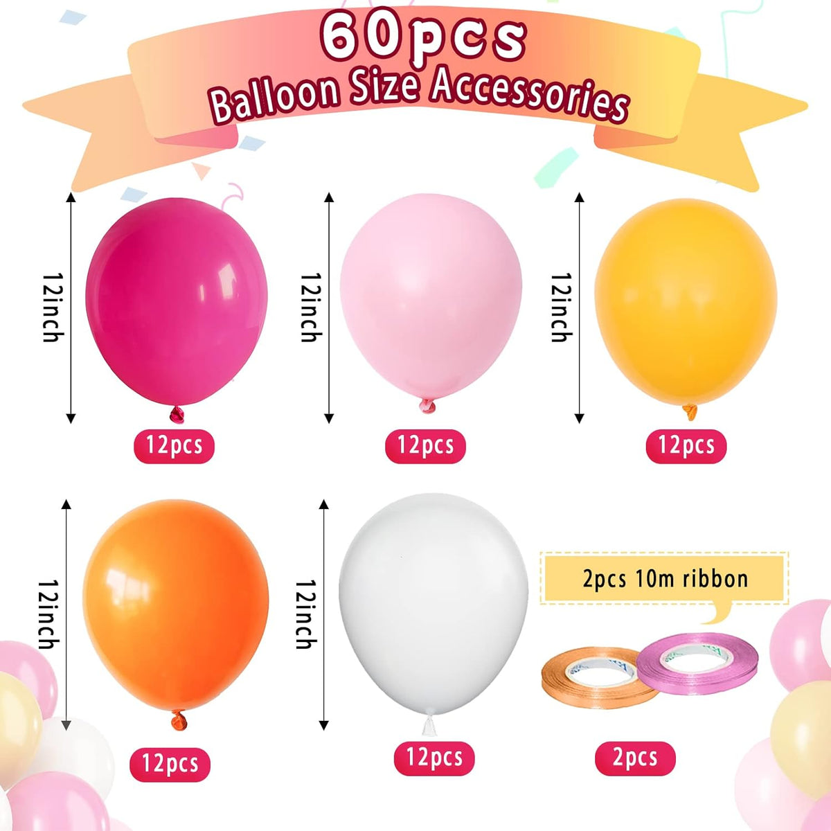 Paready Pink and Orange Latex Balloons, 60 Pcs 12 Inch Hot Pink and Yellow Autumn Balloons for