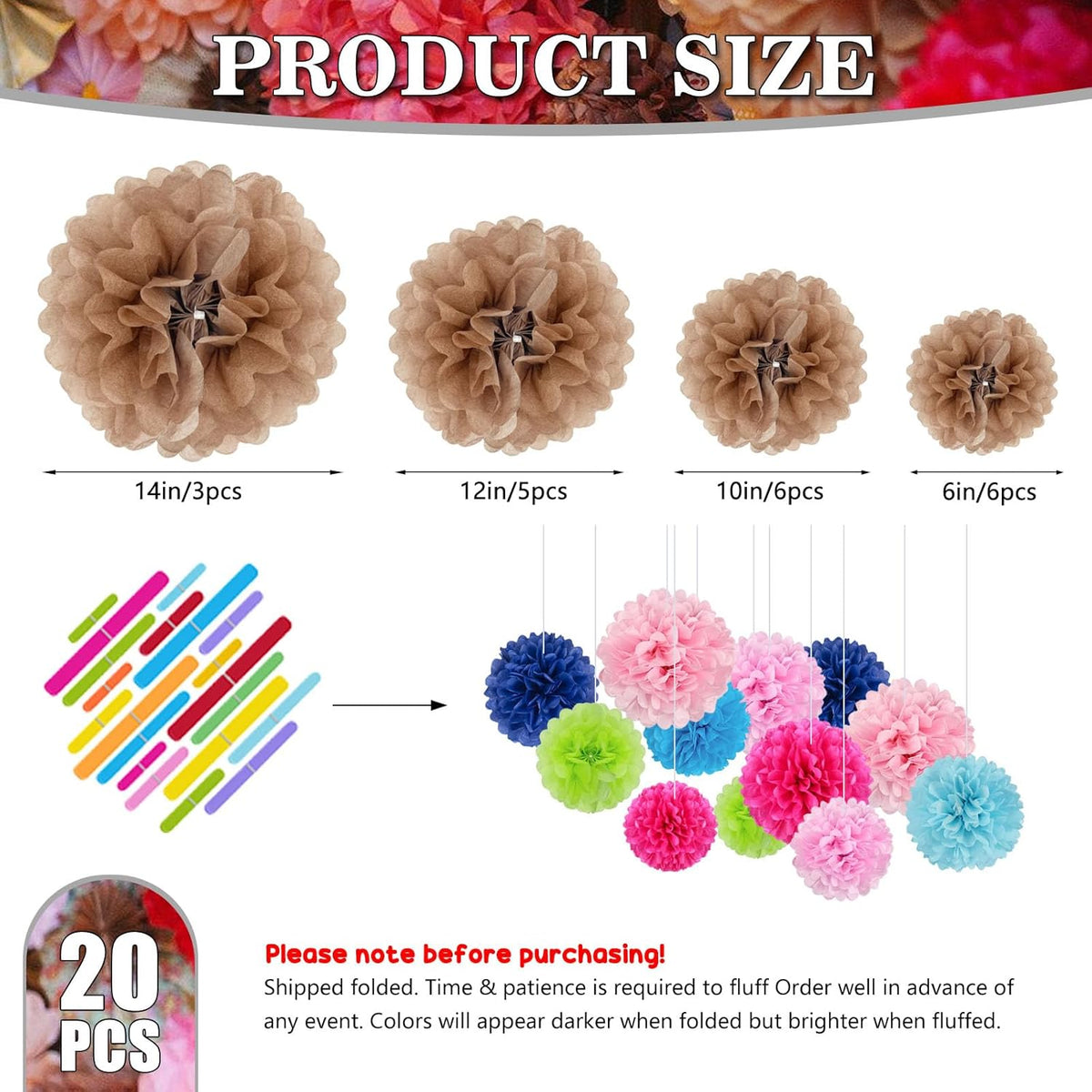 Tissue Paper Pom Poms, Brown Tissue Paper Flowers, Hanging Flower Balls for Weddings Fiesta Parties