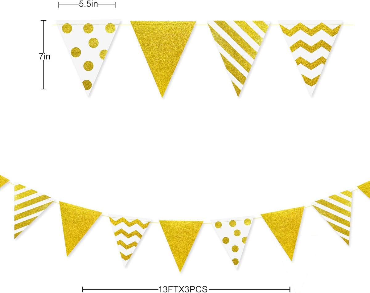 39Ft White and Gold Party Decorations Polka Dot Stripe Triangle Pennant Banner Glitter Foil Paper