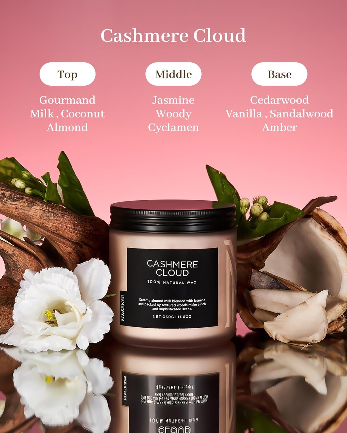 M&SENSE Creamy Almond Milk Scented Candle, 11.6oz Clean Non Toxic Natural Soy Wax Fragrance for