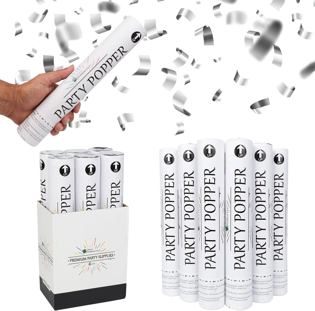 Confetti Cannon 12" – 6 Pack Silver Mylar Confetti Poppers | Party Poppers for Weddings, Birthdays