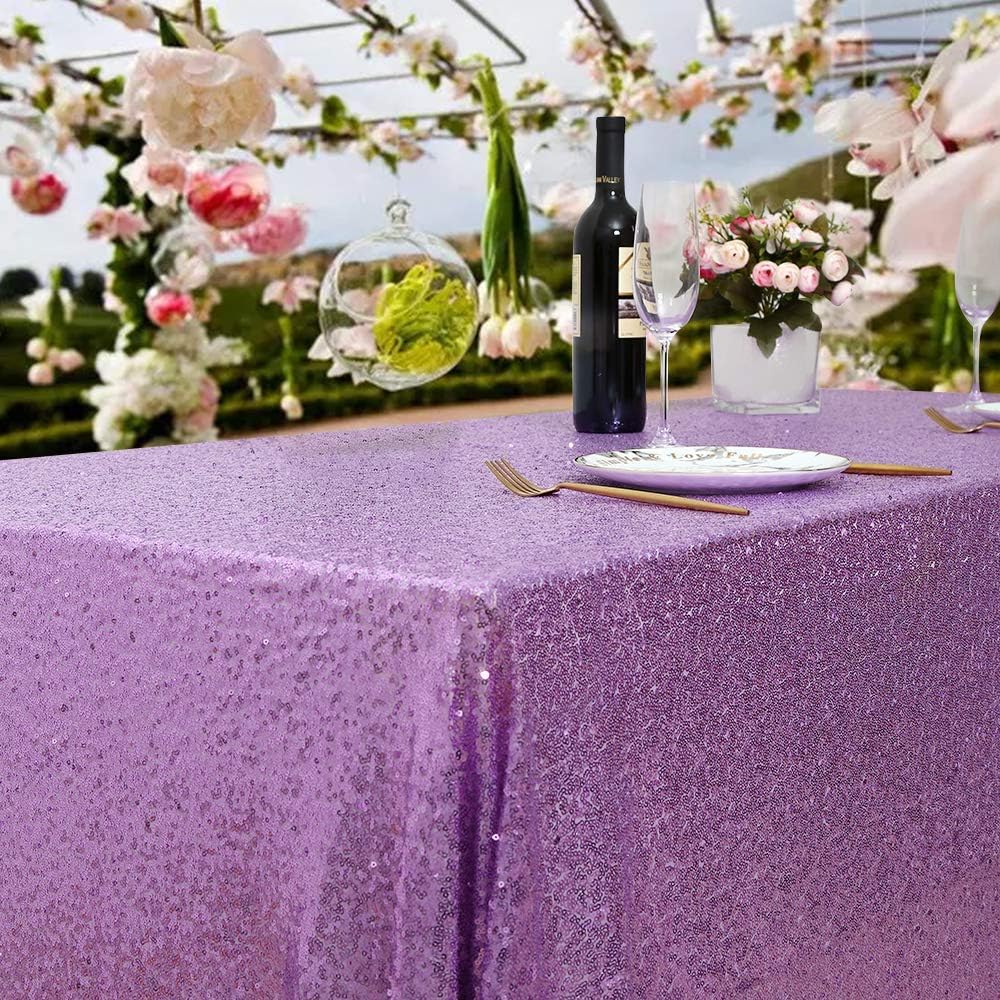 QueenDream Tablecloth 90x156 Rectangle Sequin Tablecloth Lavender Wedding Table Linens Glitter
