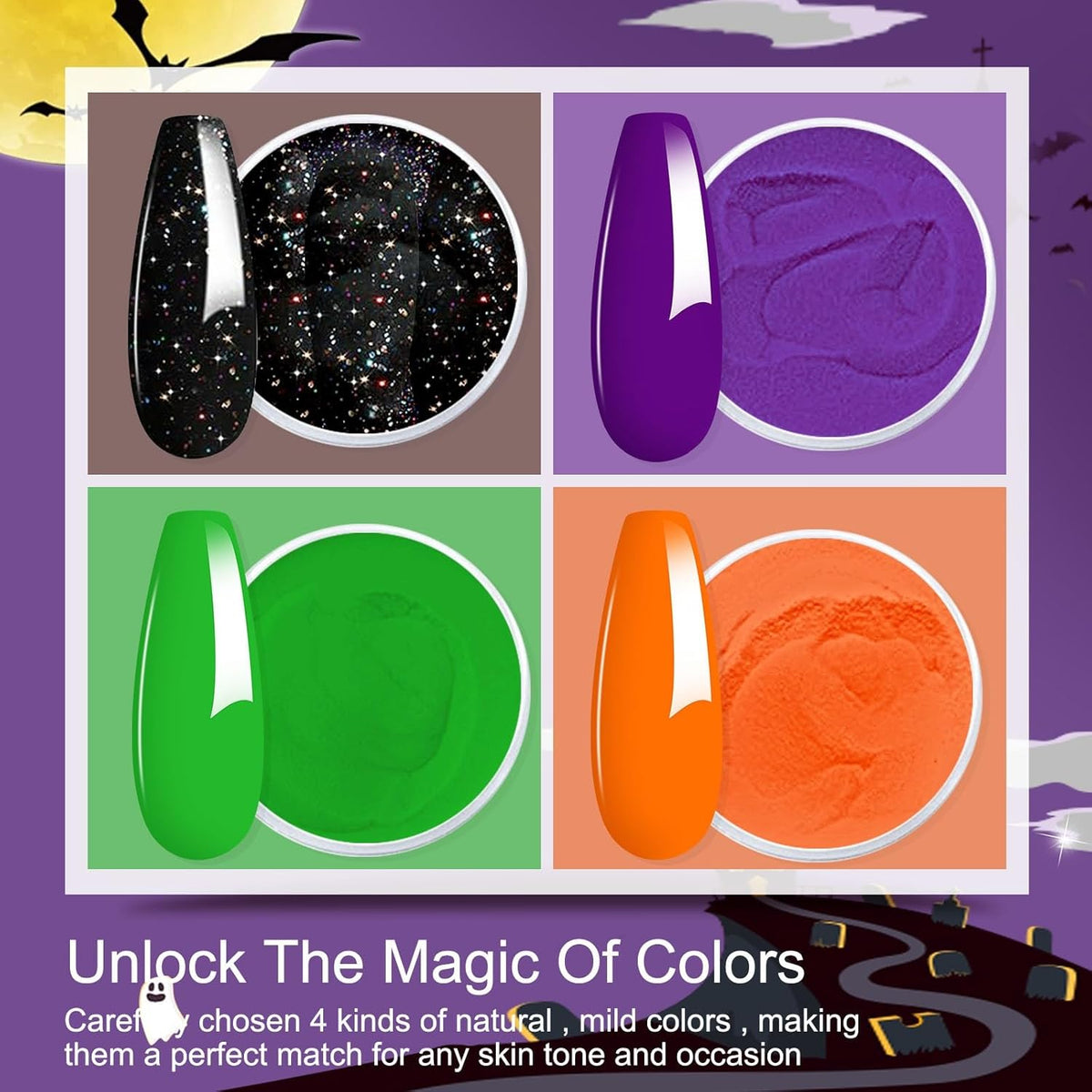 Honey Joy Dip Powder Nail Kit Starter, 4 Colors Halloween Witch Black Pumpkin Orange Mystic Purple