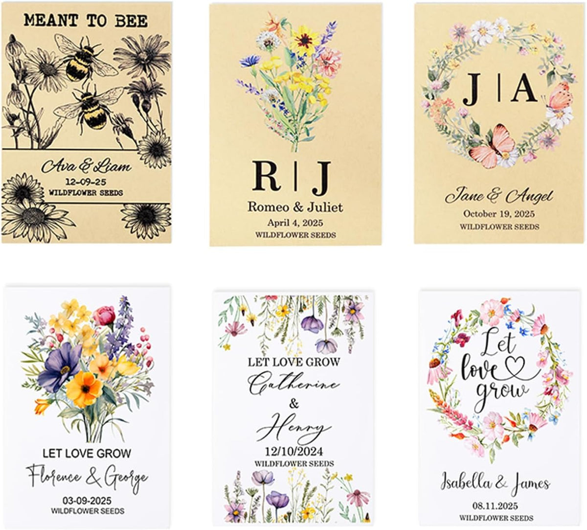 callie Personalized Wedding Seed Packet Favors, Custom Wildflower Seeds Storage with Name and Date