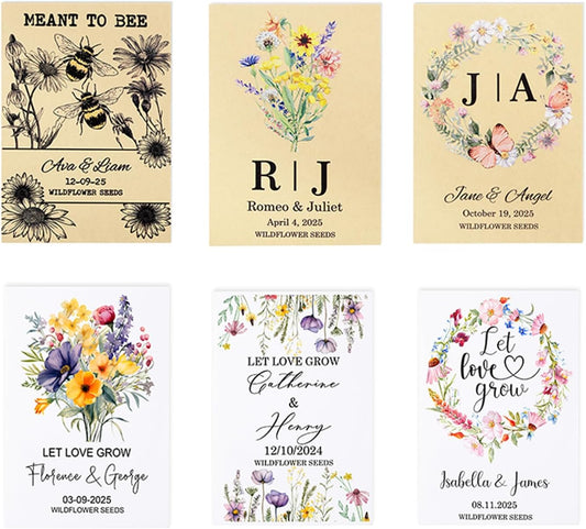 callie Personalized Wedding Seed Packet Favors, Custom Wildflower Seeds Storage with Name and Date