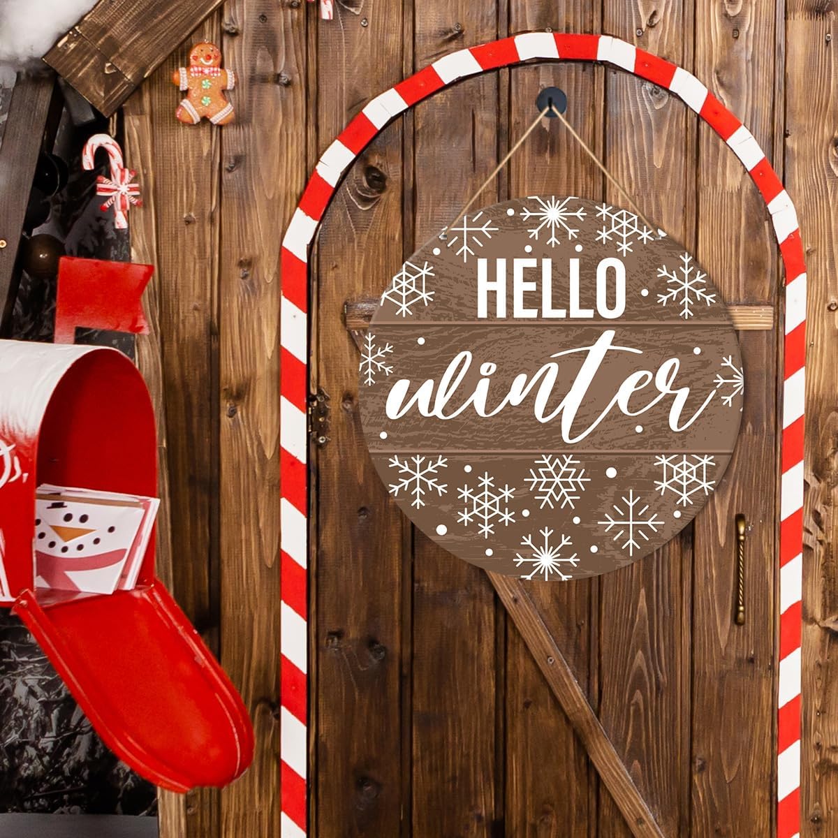 Muktoujaumai Hello Winter Sign Front Door Decor, Christmas Round Hanging Sign Decor Rustic