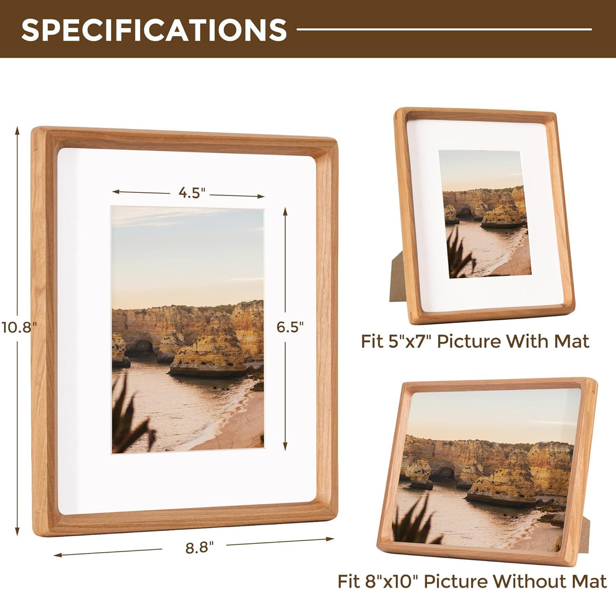 8x10 Picture Frame USA-Sourced Natural Cherry Wood Solid Original Wood Photo Frame Rounded Corner