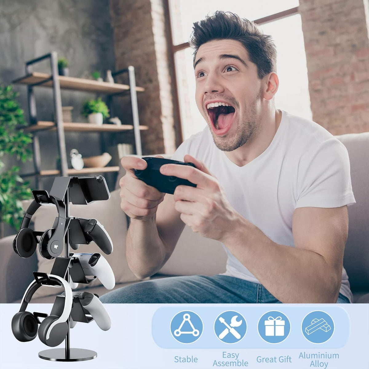 Controller Holder 4 Tier,Headphone Stand - Adjustable Headset Holder for Xbox PS5 PS4 Switch Pro