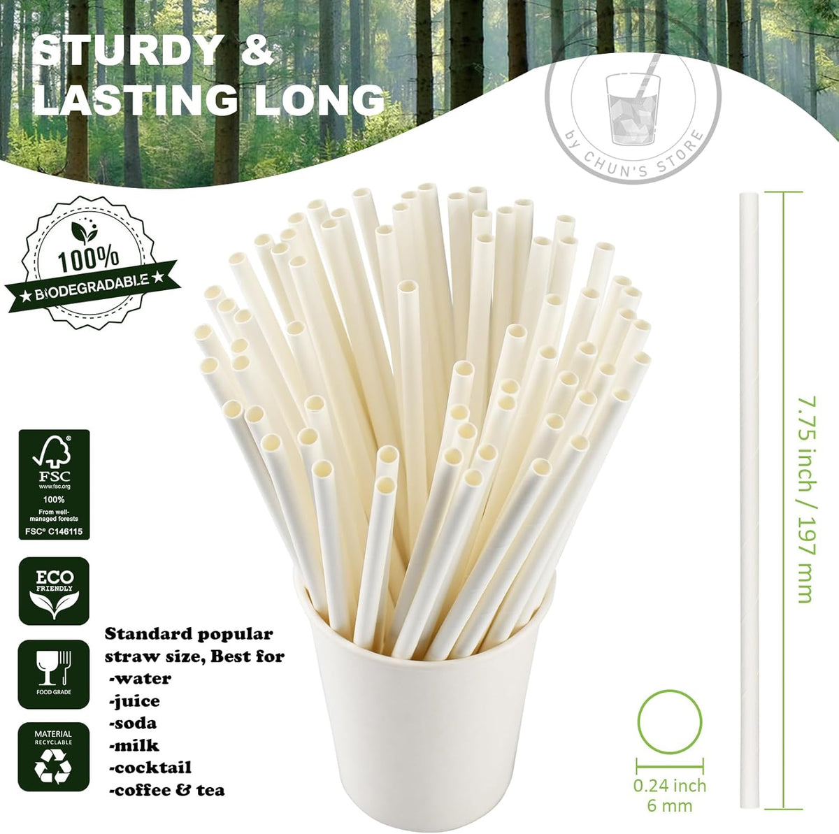 White Paper Drinking Straws Bulk, 1000 Counts, 7.75" Long, 0.24" Diameter - Restaurants and Bars