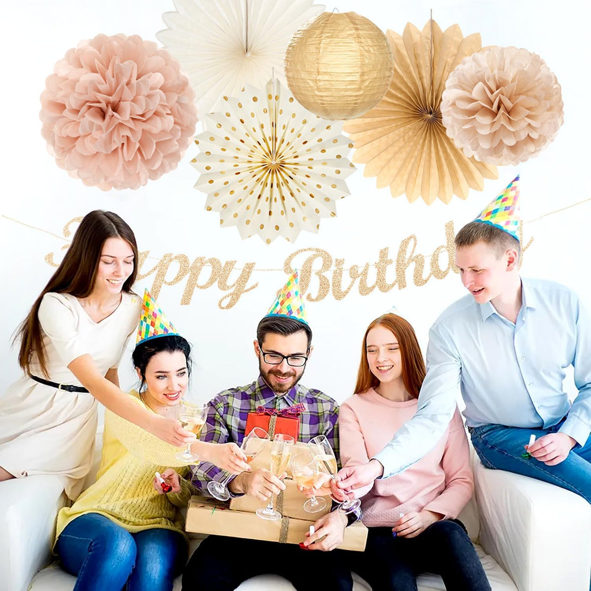 Champagne-Gold Beige Fall Boho Birthday Party-Decorations - 21pcs Autumn Neutral Retro Happy