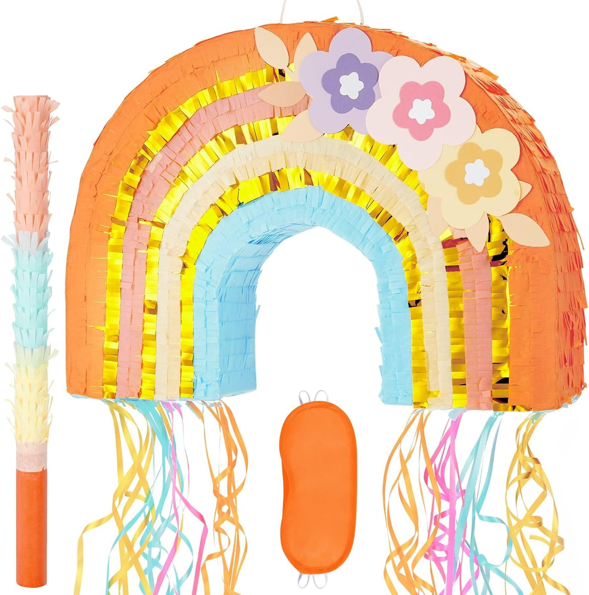 WERNNSAI Rainbow Pinata - Rainbow Pull String Pinata with Bundle with Blindfold and Bat for Girls