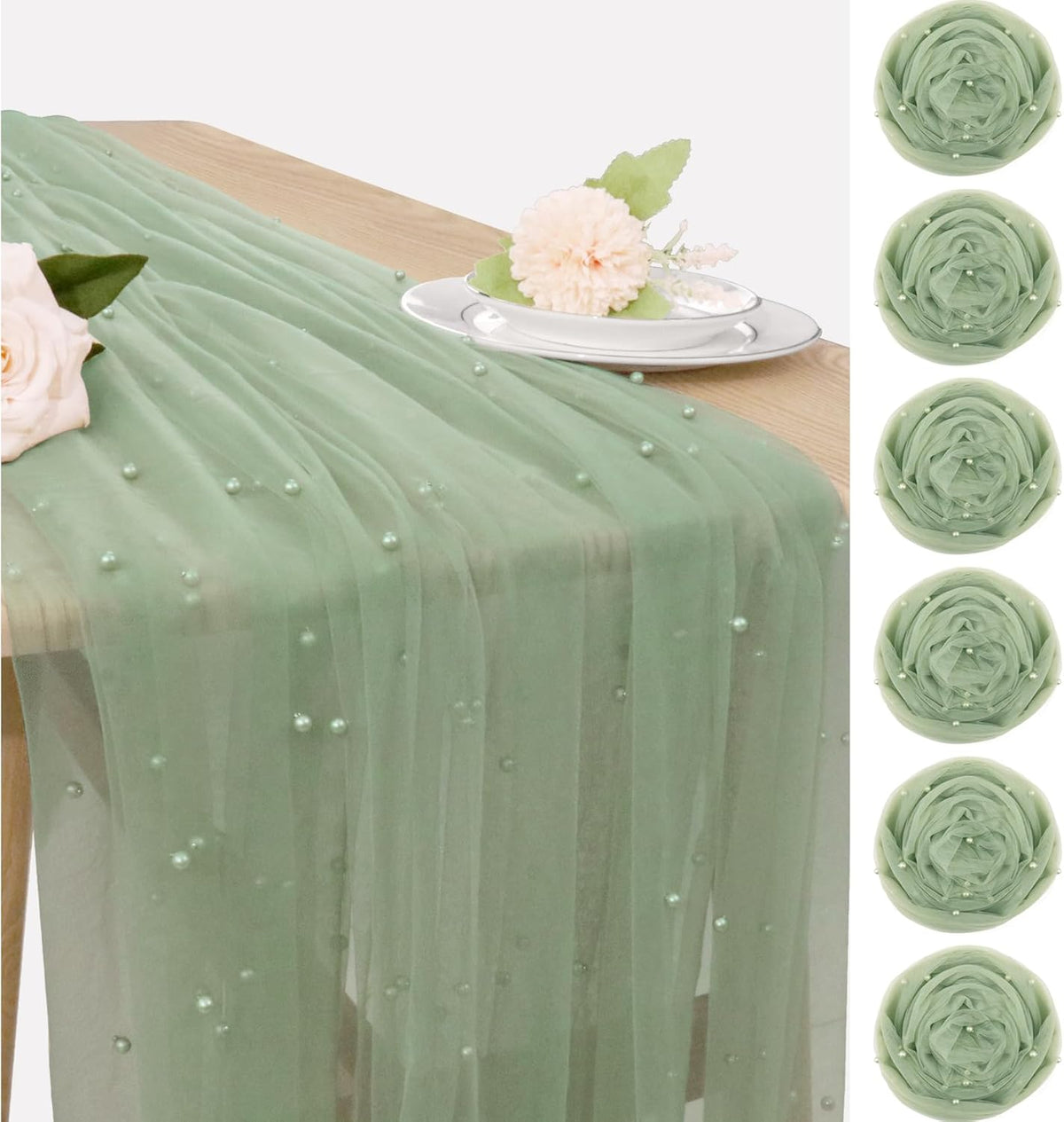 Set of 6 Pearl Table Runner 29 x 120 Inch Sage Green Tulle Fabric Lace Table Runners Boho Rustic