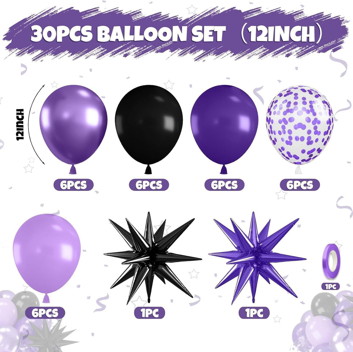 Purple and Black Balloons, 12 Inch Metallic Purple Dark Light Purple Black Confetti Balloon with