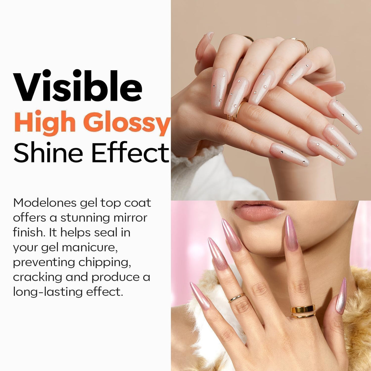 modelones No Wipe Gel Top Coat and Base Coat Set, 2 Pcs Clear Glossy Hema Free Base Top Coat Gel