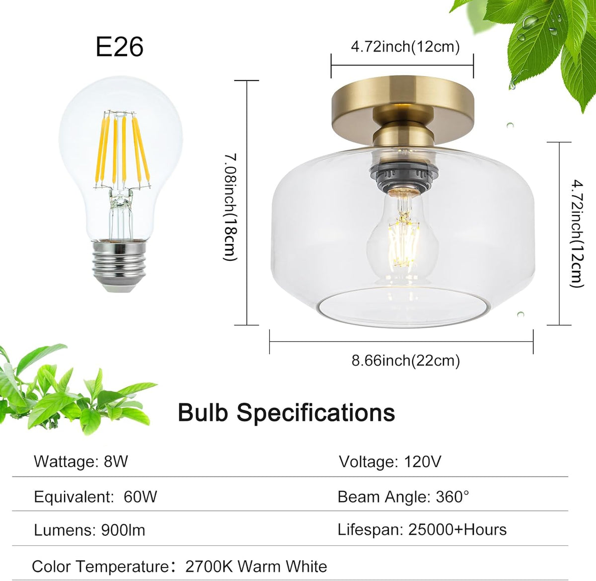 Golden Semi Flush Mount Ceiling Light - Includes 900LM Bulb (60W Eqv) - Clear Glass & Brass Fixture