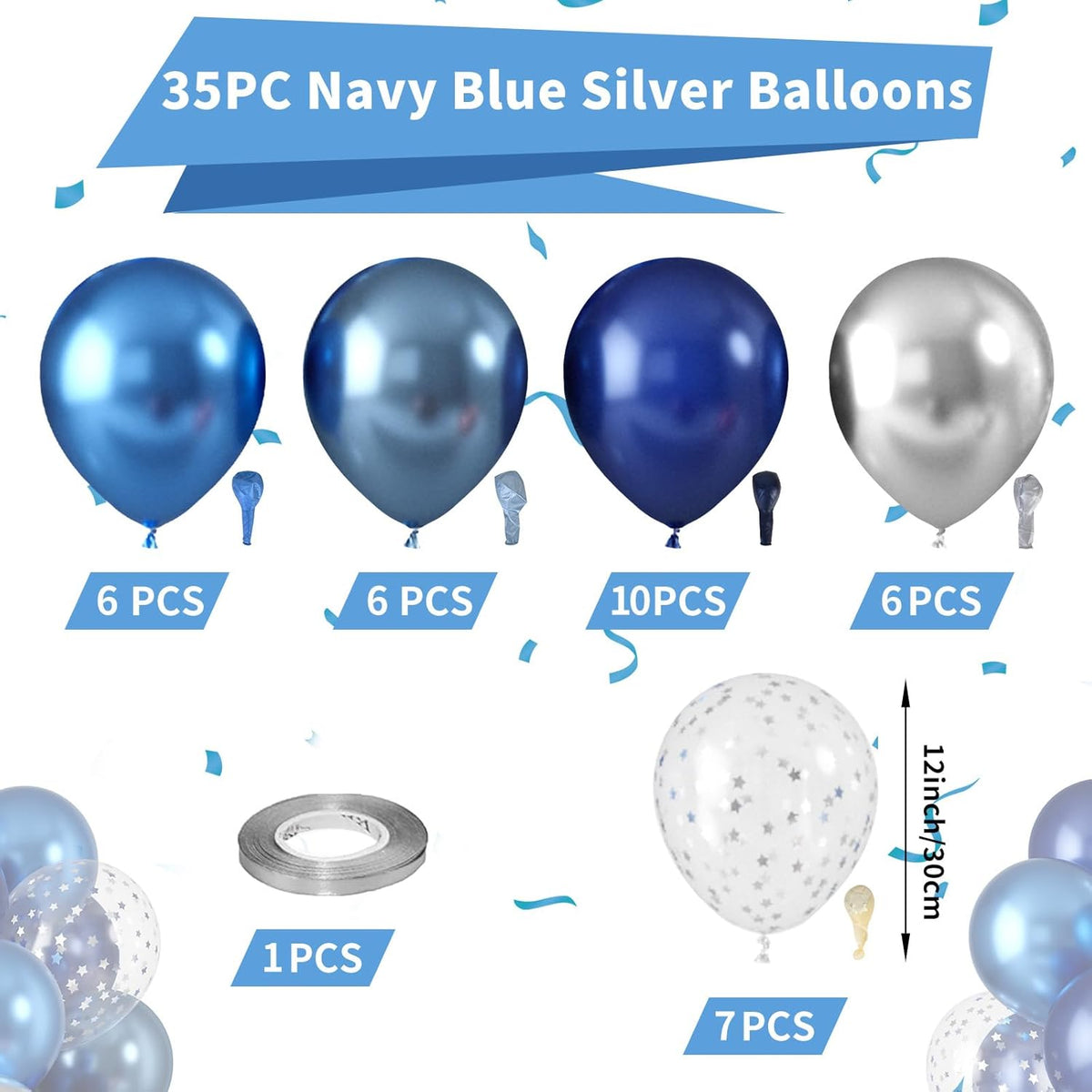 Blue Silver Balloons, Pearl Navy Blue Balloons Metallic light Blue and Silver Balloon Silver Star