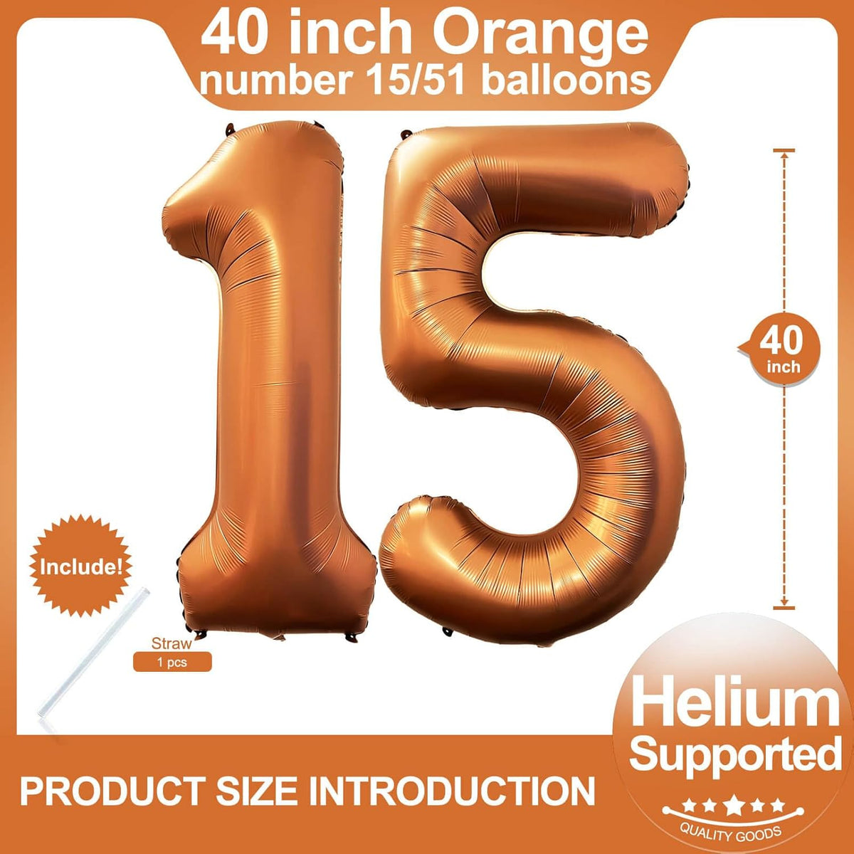 Number 15 Orange Balloons 40 Inch Giant Foil Helium for 15th Birthday Party Supplies 51st