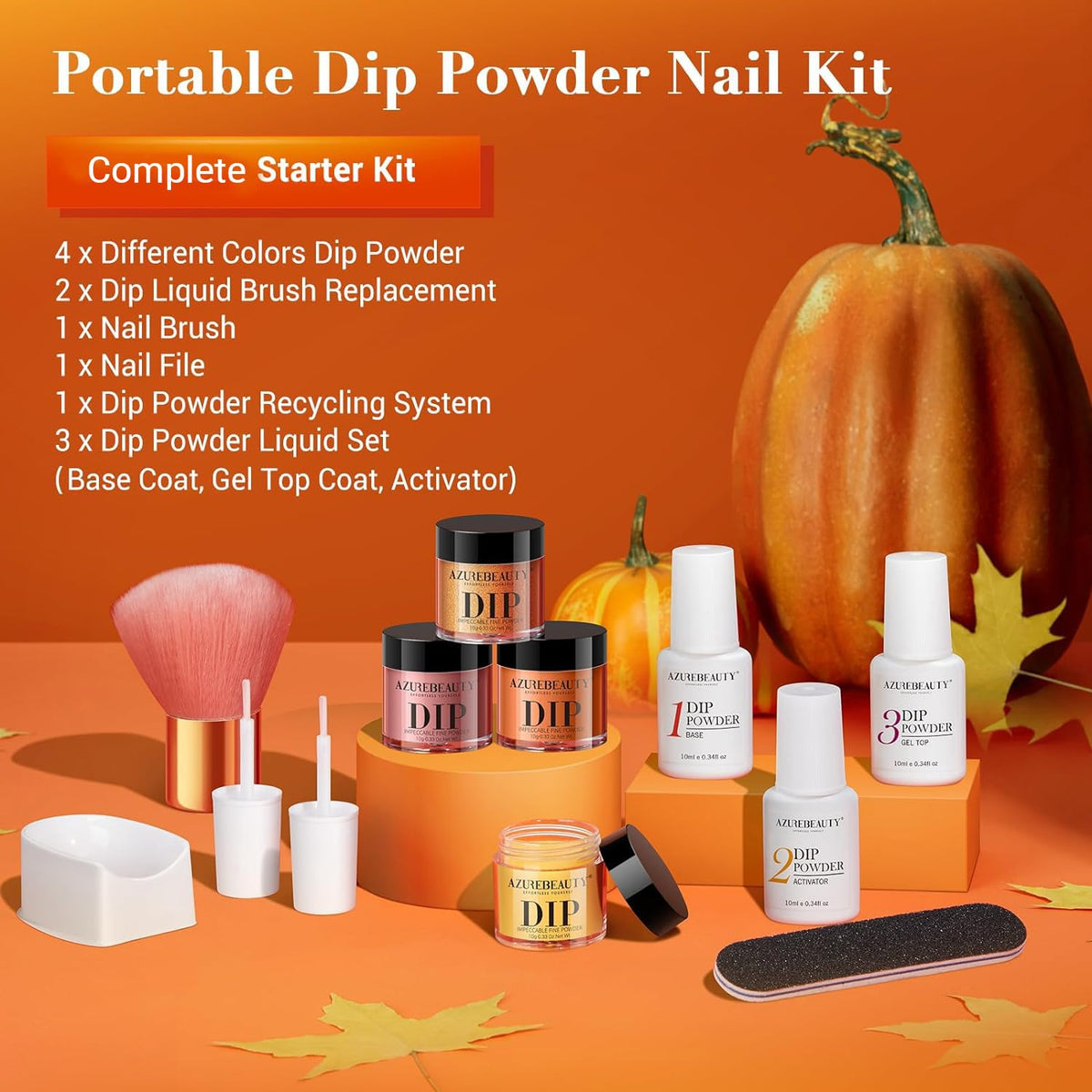 AZUREBEAUTY Dip Powder Nail Kit Starter, Fall Winter Yellow Orange Brown Glitter 12 Pcs 4 Colors