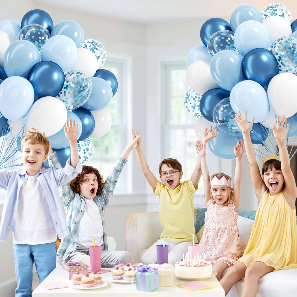 60pcs Blue and White Balloons 12inch with Pastel Pearl Light Blue Confetti White Balloons for