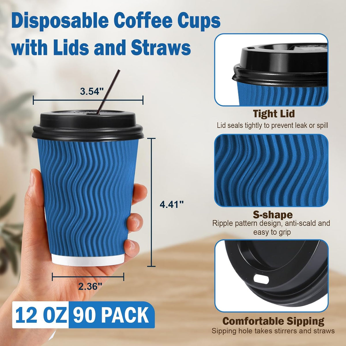 SIUQ 90 Pack 12 oz Disposable Coffee Cups with Lids and Straws, Insulated Ripple Wall To Go Paper