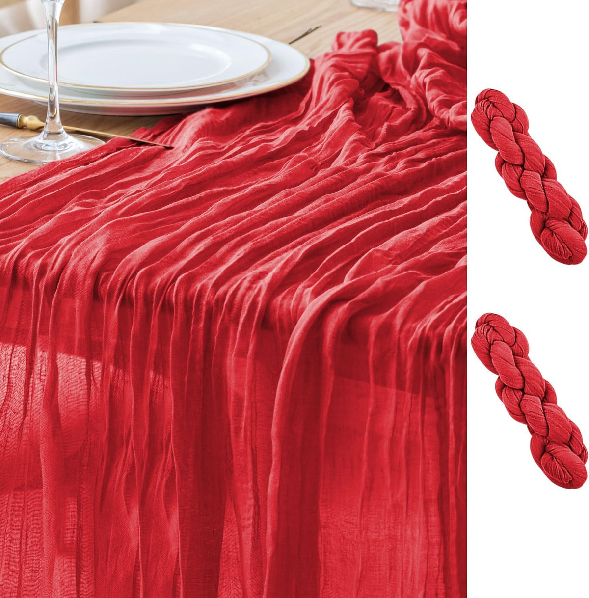 Asee'm 2PCS Fall Table Runner Cheesecloth 10FT Red Boho Gauze Fabric Rustic Sheer Cheese Cloth