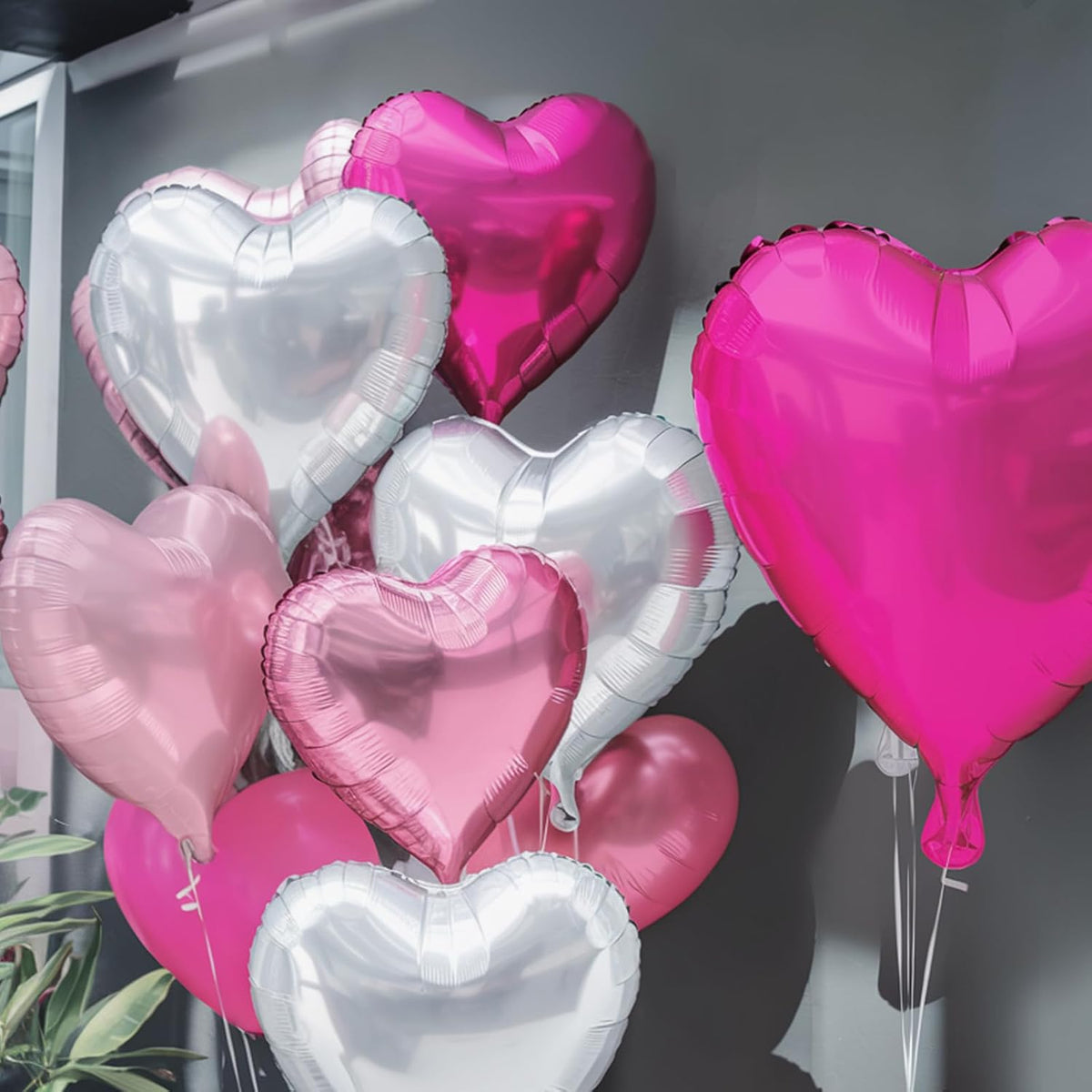 Rose Red Silver Heart Balloons, 18 Inch Light Pink and Silver Heart Shaped Balloon, 12PCS Hot Pink